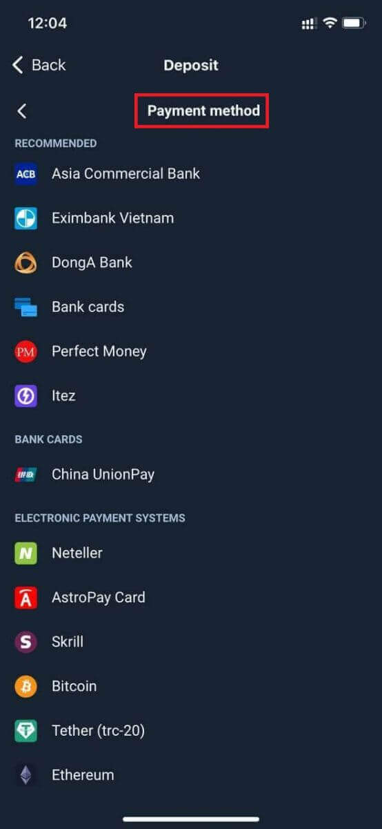 Debaajiga Olymptrade ee loo maro kaararka bangiga: Visa, Mastercard, JCB, Discover