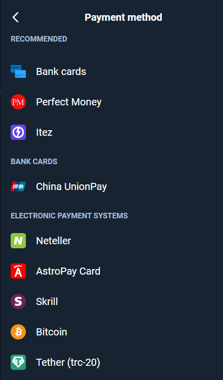 Debaajiga Olymptrade ee loo maro kaararka bangiga: Visa, Mastercard, JCB, Discover
