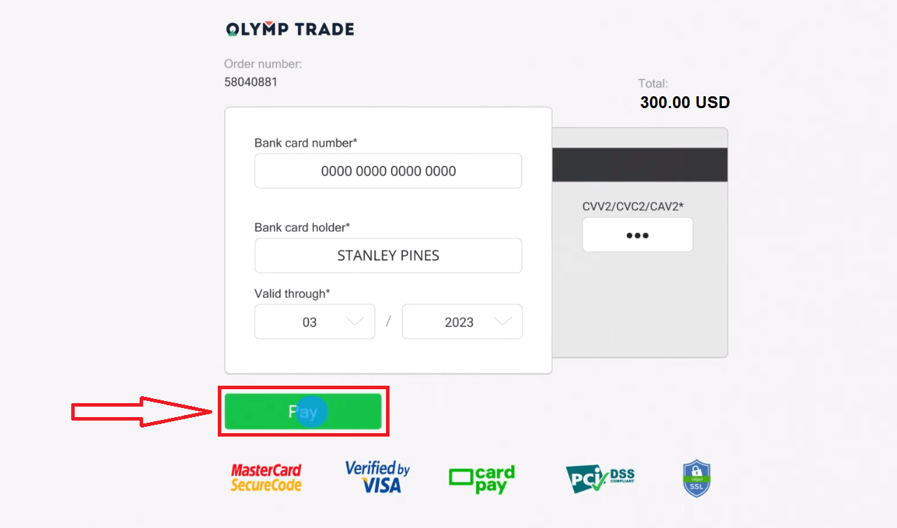 Debaajiga Olymptrade ee loo maro kaararka bangiga: Visa, Mastercard, JCB, Discover